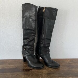 Tory Burch Livingston Leather Riding‎ Boot Black Equestrian Heel Tall Buckle 7.5